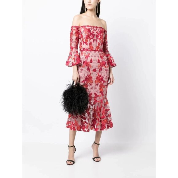 Marchesa Notte Dresses & Skirts - Marchesa Notte Women Red Pink Embroidery Tea Length Dress Off Shoulder Sz 6 2569